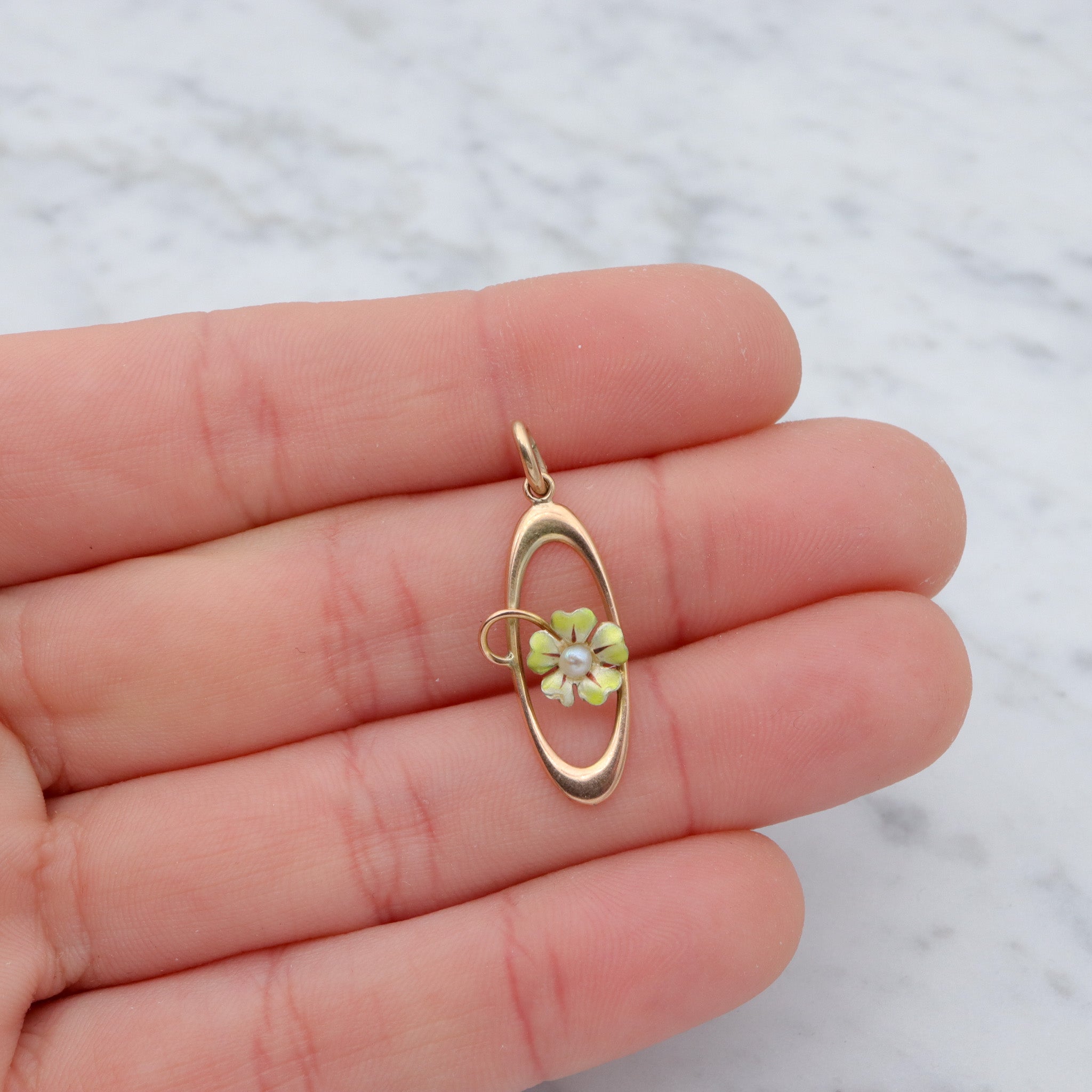 Antique Art Nouveau 10k gold enamel & pearl flower drop pendant